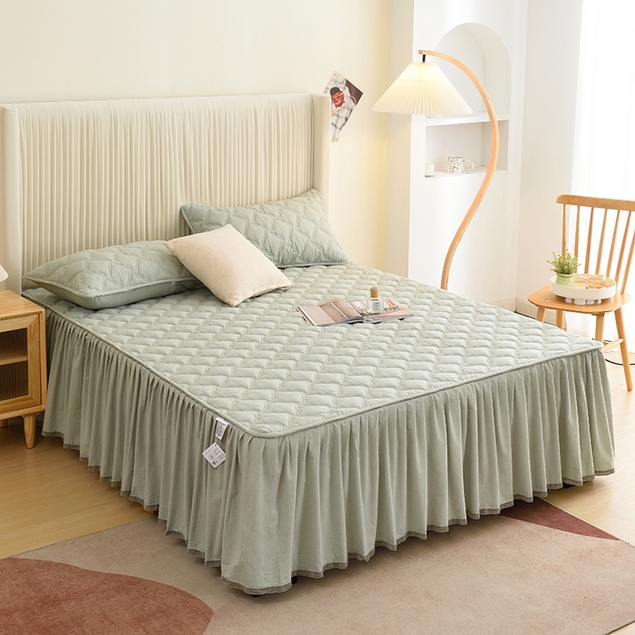 91家纺网 家纺一手货源 找家纺 3C 2024新款风车抗菌水洗棉床裙  抹茶绿