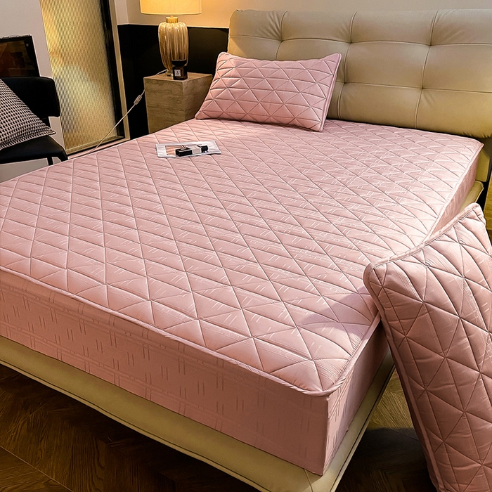 91家纺网 家纺一手货源 找家纺 3C 2024新款夹棉60提花床笠 桃粉