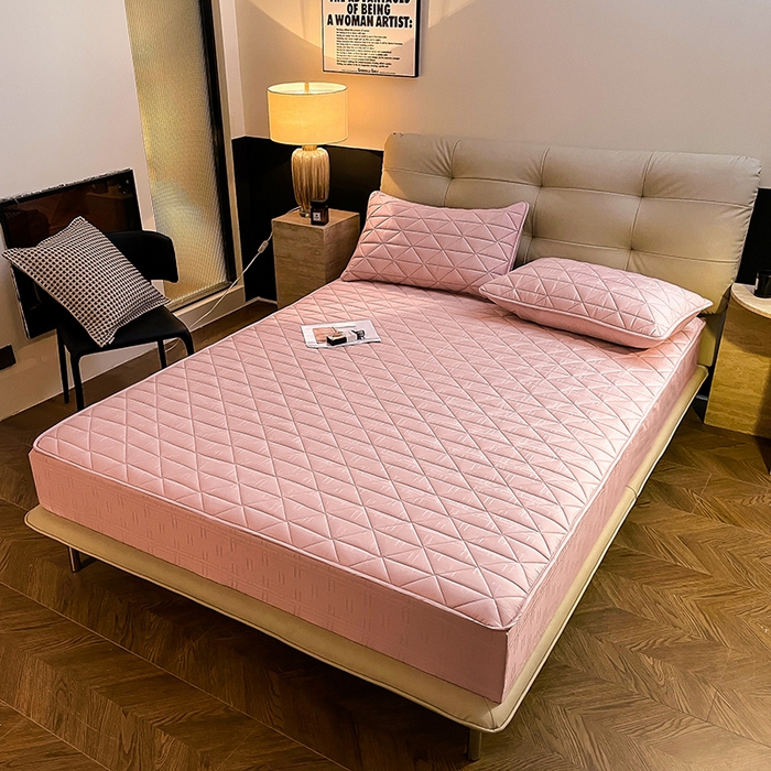 91家纺网 家纺一手货源 找家纺 3C 2024新款夹棉60提花床笠 桃粉