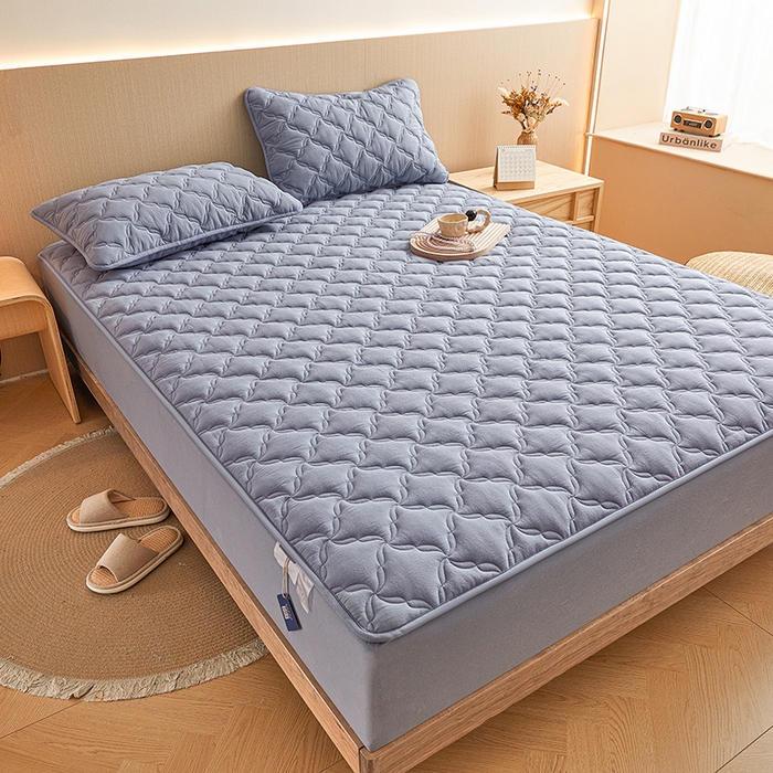 91家纺网 家纺一手货源 找家纺 3C 2024新款全棉色织水洗绵抗菌床笠 蓝灰色