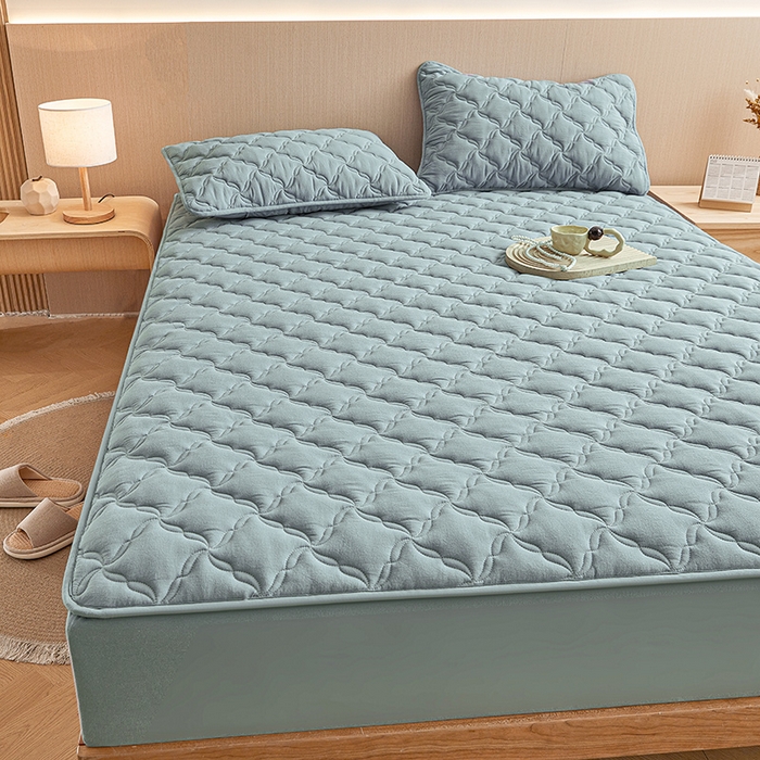 91家纺网 家纺一手货源 找家纺 3C 2024新款全棉色织水洗绵抗菌床笠 烟灰色