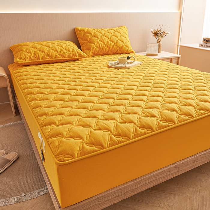 91家纺网 家纺一手货源 找家纺 3C 2024新款全棉色织水洗绵抗菌床笠 柠檬黄