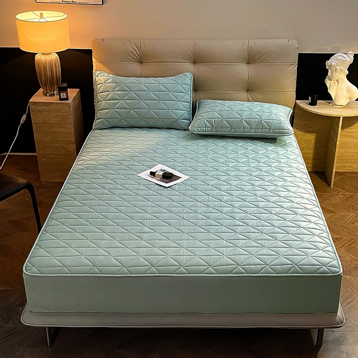 91家纺网 家纺一手货源 找家纺 3C 2024新款夹棉60提花床笠 青绿