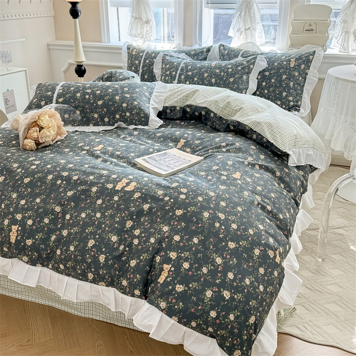 91家纺网 家纺一手货源 找家纺 简宜家居（朝初家纺） 2025新款40支斜纹全棉花边款四件套 水墨印花