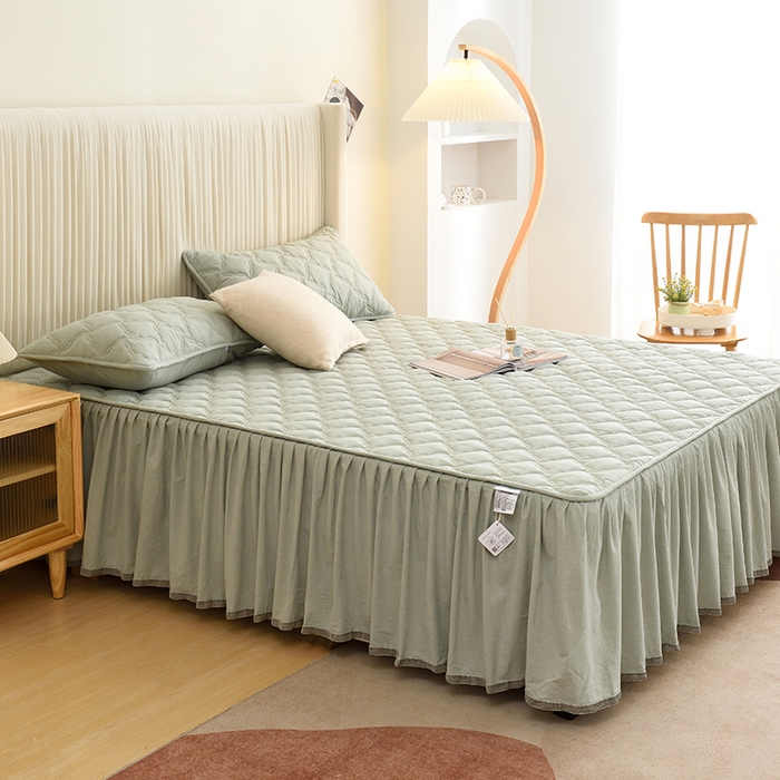 91家纺网 家纺一手货源 找家纺 3C 2024新款风车抗菌水洗棉床裙  抹茶绿