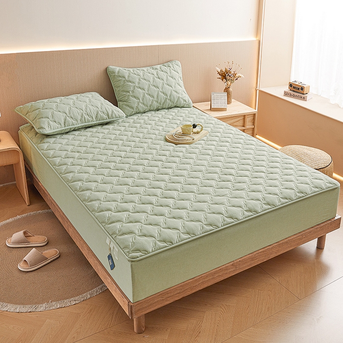 91家纺网 家纺一手货源 找家纺 3C 2024新款全棉色织水洗绵抗菌床笠 抹茶绿