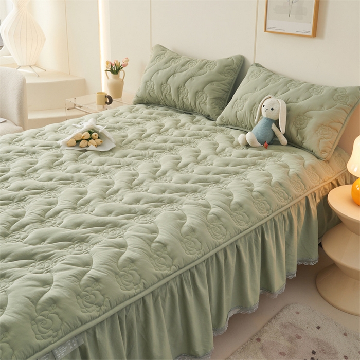 91家纺网 家纺一手货源 找家纺 3C 2024新款玫瑰水洗棉床裙式床笠 抹茶绿