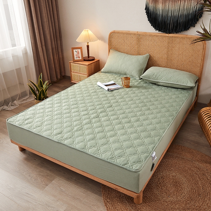 91家纺网 家纺一手货源 找家纺 3C 2024新款抗菌防螨透气防水夹棉床笠 抹茶绿