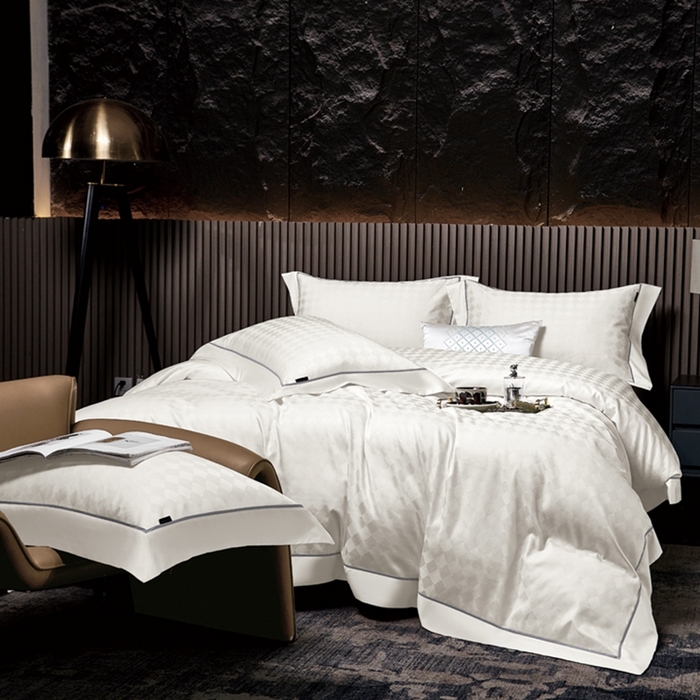 91家纺网 家纺一手货源 找家纺 U品汇 2024新款100支长绒棉提花四件套 斐乐-奶油白