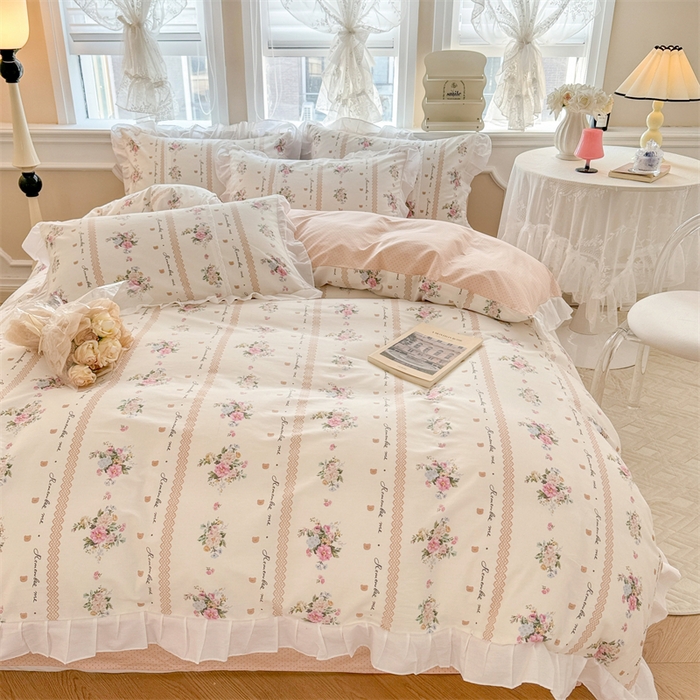 91家纺网 家纺一手货源 找家纺 简宜家居（朝初家纺） 2025新款40支斜纹全棉花边款四件套 粉色色卡