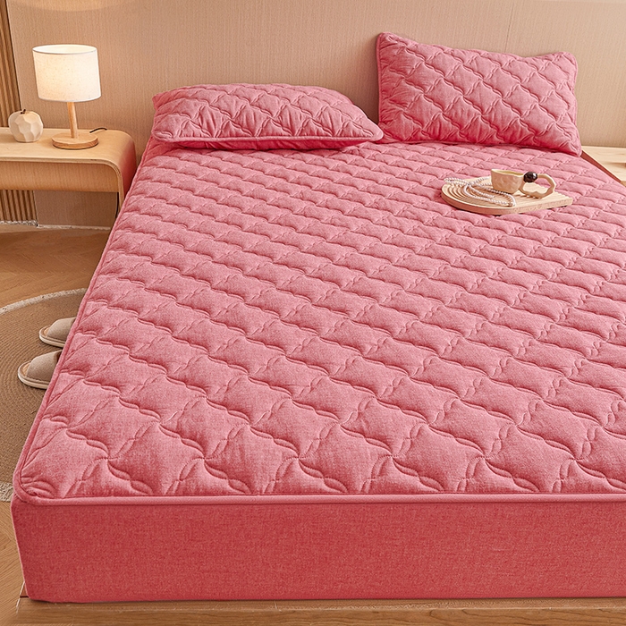 91家纺网 家纺一手货源 找家纺 3C 2024新款全棉色织水洗绵抗菌床笠 西瓜粉