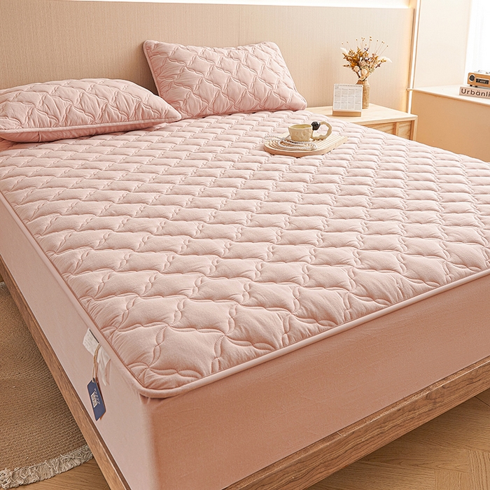 91家纺网 家纺一手货源 找家纺 3C 2024新款全棉色织水洗绵抗菌床笠 浅豆沙