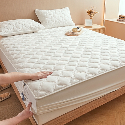 91家纺网 家纺一手货源 找家纺 3C 2024新款全棉色织水洗绵抗菌床笠 珍珠白