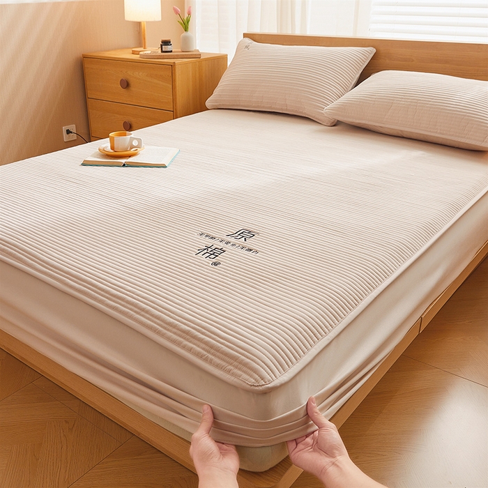 91家纺网 家纺一手货源 找家纺 喜居 2024新款原棉大豆夹棉床笠 奶咖