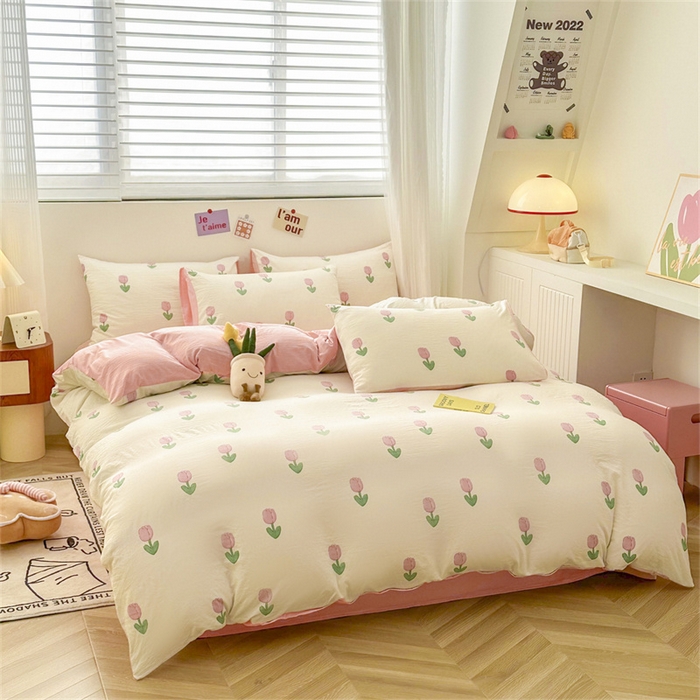 91家纺网 家纺一手货源 找家纺 古吉梦 2024新款水洗棉小清新印花四件套 水洗棉-粉郁盛开