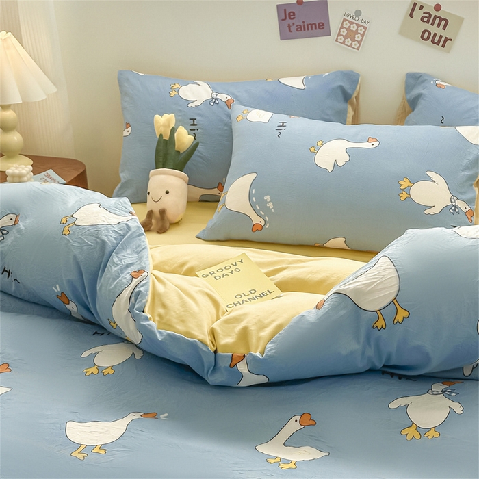 91家纺网 家纺一手货源 找家纺 古吉梦 2024新款水洗棉小清新印花四件套 水洗棉-开心鹅