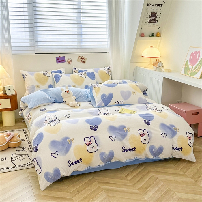 91家纺网 家纺一手货源 找家纺 古吉梦 2024新款水洗棉小清新印花四件套 水洗棉-爱心熊