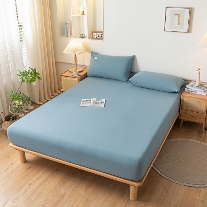 91家纺网 家纺一手货源 找家纺 ab家纺 2024新款A类40支水洗全棉床笠三件套 海天蓝