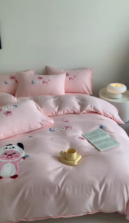 91家纺网 家纺一手货源 找家纺 凯儿2024新款水洗棉卡通毛巾绣四件套-专版花型 可爱海狸