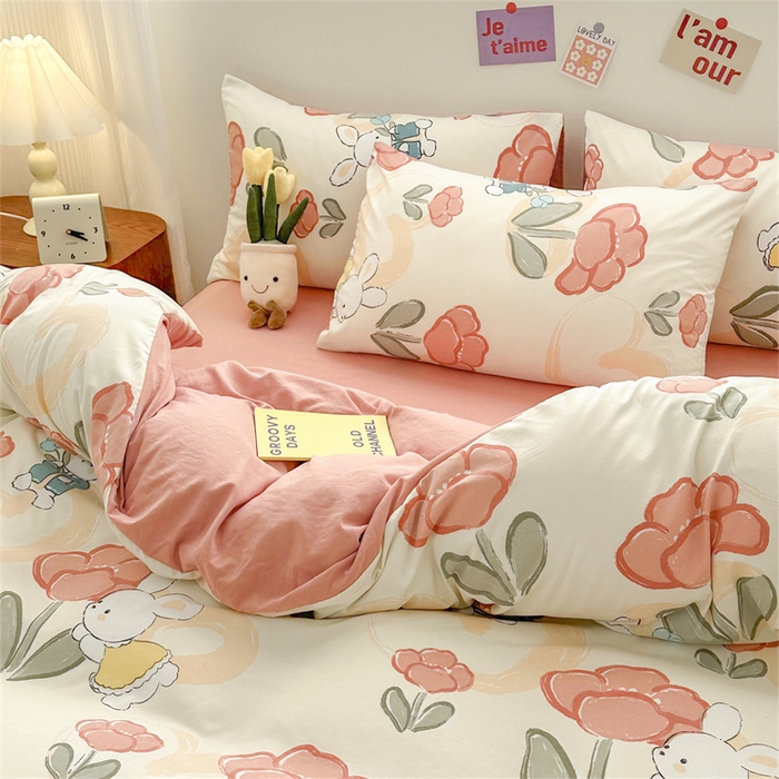 91家纺网 家纺一手货源 找家纺 古吉梦 2024新款水洗棉小清新印花四件套 水洗棉-花花兔