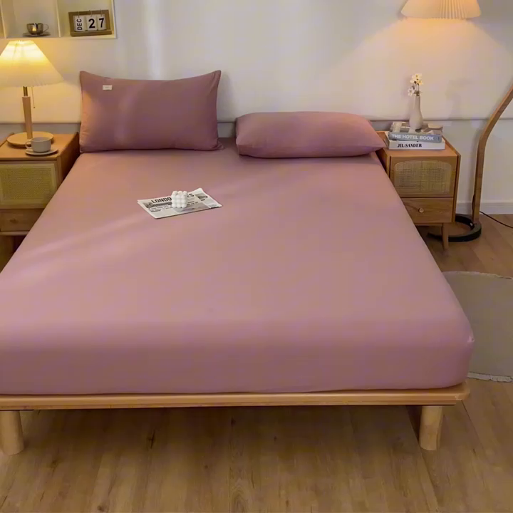 91家纺网 家纺一手货源 找家纺 ab家纺 2024新款A类40支水洗全棉床笠三件套 豆沙