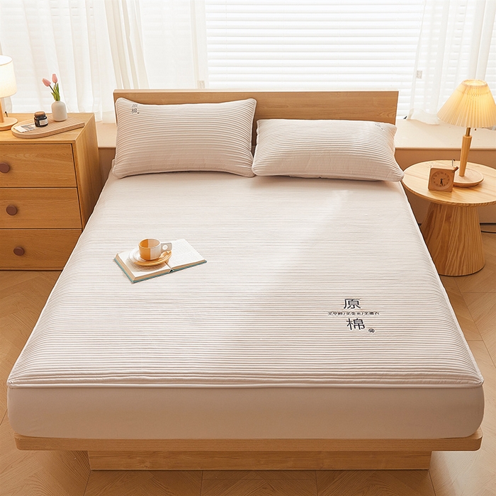 91家纺网 家纺一手货源 找家纺 （总）喜居 2024新款原棉大豆夹棉床笠三件套纯色床笠床垫保护套