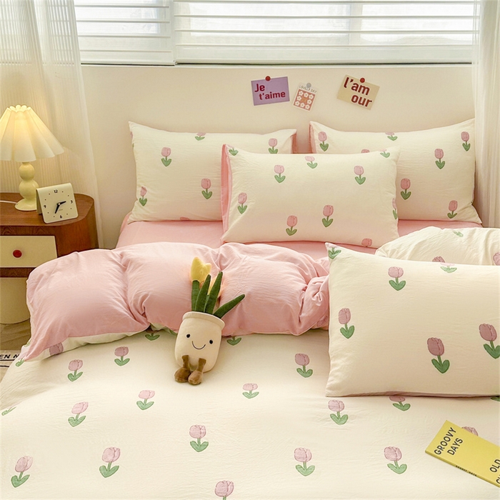 91家纺网 家纺一手货源 找家纺 古吉梦 2024新款水洗棉小清新印花四件套 水洗棉-粉郁盛开