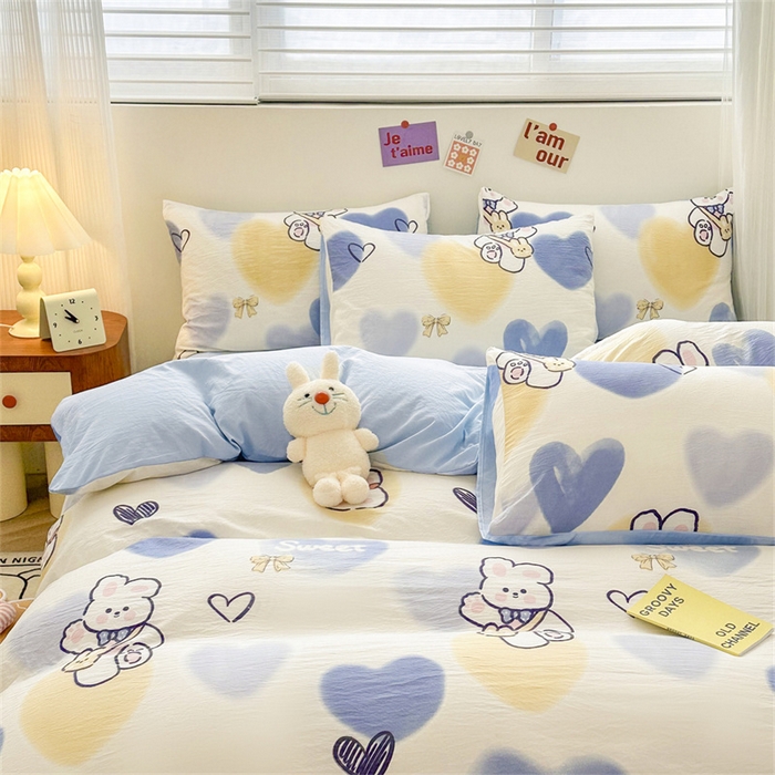 91家纺网 家纺一手货源 找家纺 古吉梦 2024新款水洗棉小清新印花四件套 水洗棉-爱心熊