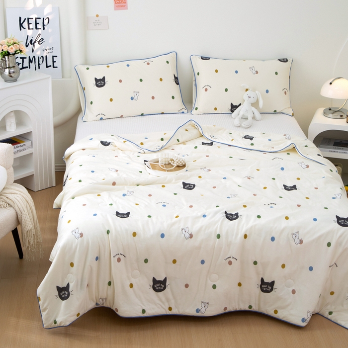 91家纺网 家纺一手货源 找家纺 维洋 2025新款A类针织大豆被夏被被子 波点黑猫