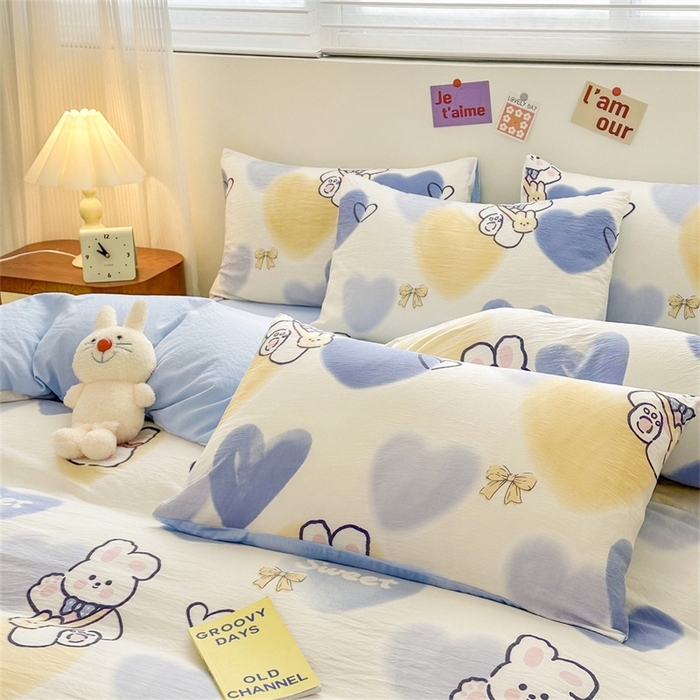 91家纺网 家纺一手货源 找家纺 古吉梦 2024新款水洗棉小清新印花四件套 水洗棉-爱心熊