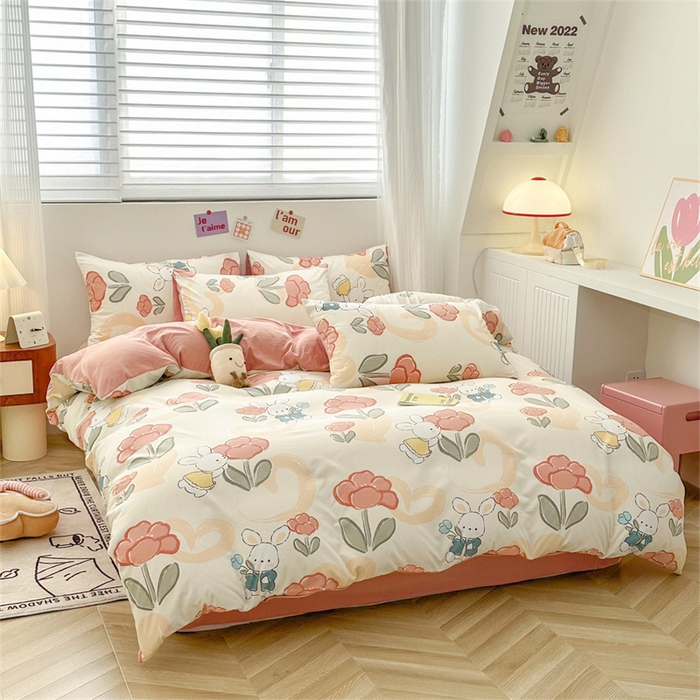 91家纺网 家纺一手货源 找家纺 古吉梦 2024新款水洗棉小清新印花四件套 水洗棉-花花兔