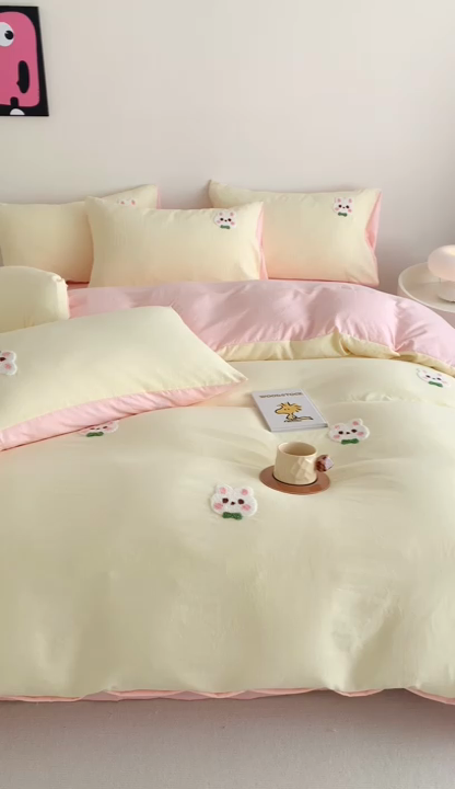 91家纺网 家纺一手货源 找家纺 凯儿2024新款水洗棉卡通毛巾绣四件套-专版花型 心愿兔