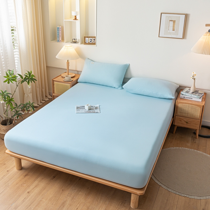 91家纺网 家纺一手货源 找家纺 ab家纺 2024新款A类40支水洗全棉床笠三件套 天空蓝