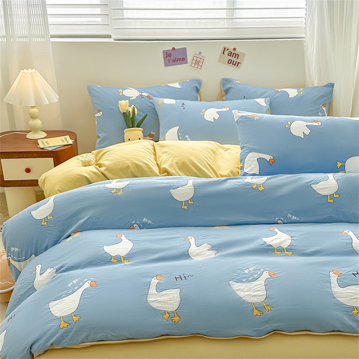 91家纺网 家纺一手货源 找家纺 古吉梦 2024新款水洗棉小清新印花四件套 水洗棉-开心鹅