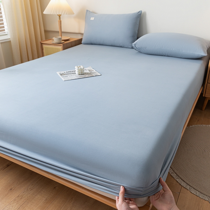 91家纺网 家纺一手货源 找家纺 ab家纺 2024新款A类40支水洗全棉床笠三件套 浅蓝