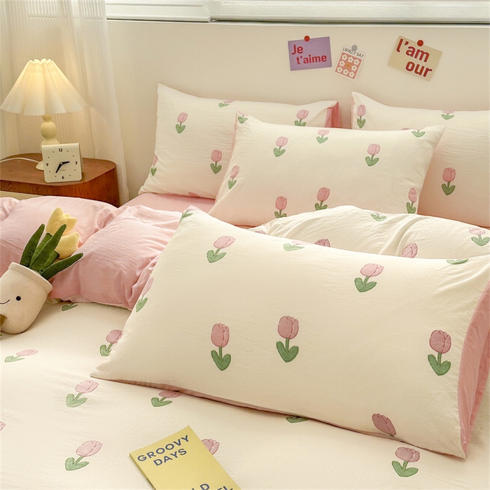 91家纺网 家纺一手货源 找家纺 古吉梦 2024新款水洗棉小清新印花四件套 水洗棉-粉郁盛开