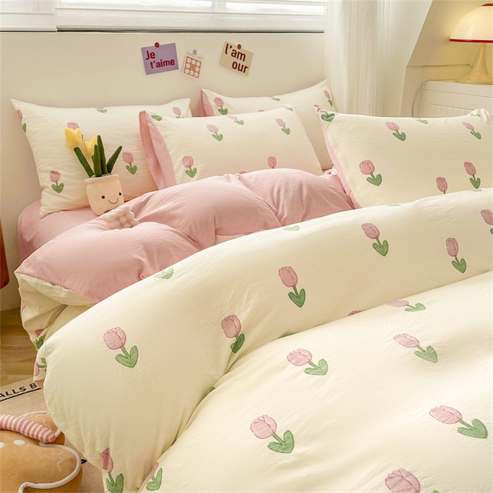 91家纺网 家纺一手货源 找家纺 古吉梦 2024新款水洗棉小清新印花四件套 水洗棉-粉郁盛开