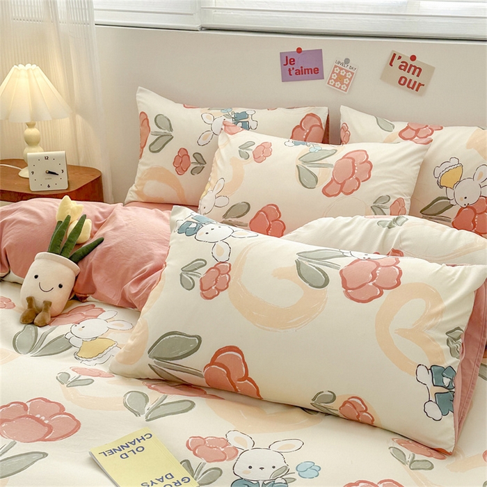 91家纺网 家纺一手货源 找家纺 古吉梦 2024新款水洗棉小清新印花四件套 水洗棉-花花兔