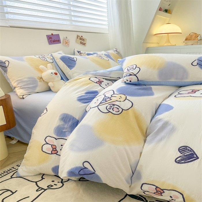 91家纺网 家纺一手货源 找家纺 古吉梦 2024新款水洗棉小清新印花四件套 水洗棉-爱心熊