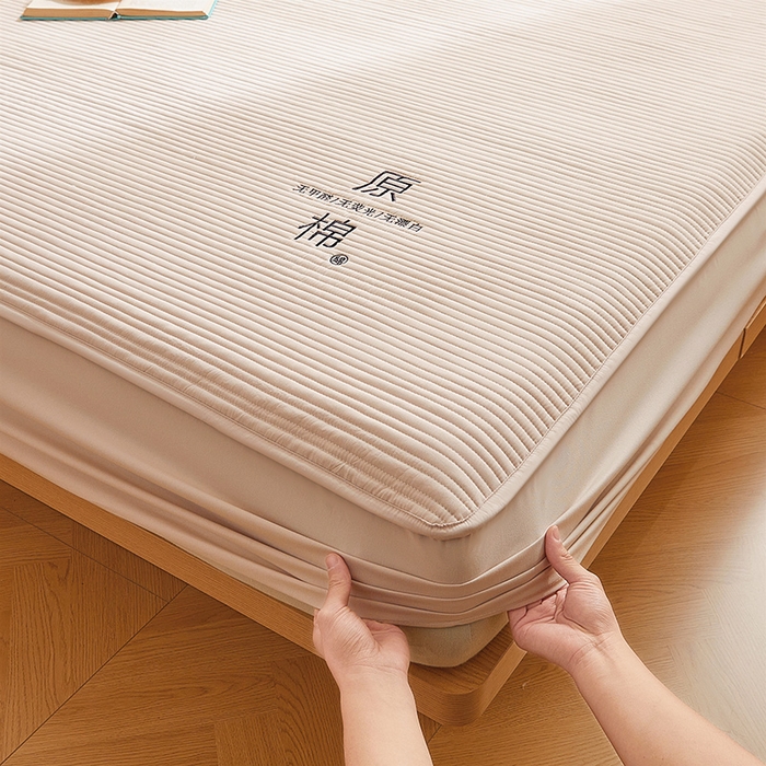 91家纺网 家纺一手货源 找家纺 喜居 2024新款原棉大豆夹棉床笠 奶咖