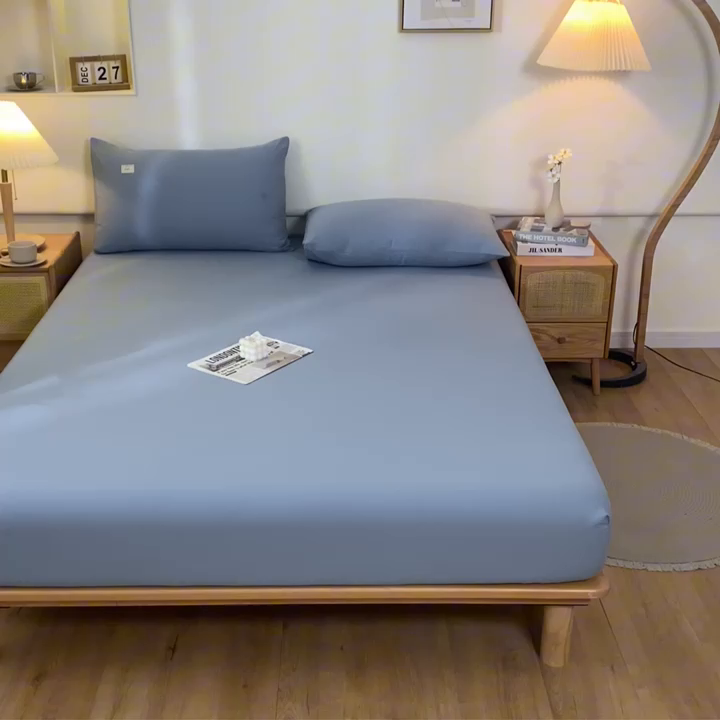 91家纺网 家纺一手货源 找家纺 ab家纺 2024新款A类40支水洗全棉床笠三件套 浅蓝