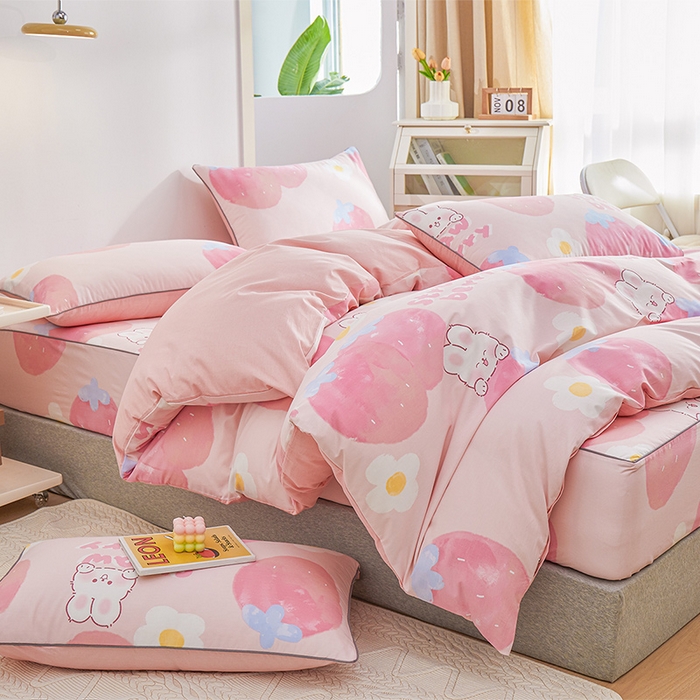 91家纺网 家纺一手货源 找家纺 元元被业 2024新款小清新隐藏式全棉夹棉四件套床笠款 哈尼-粉