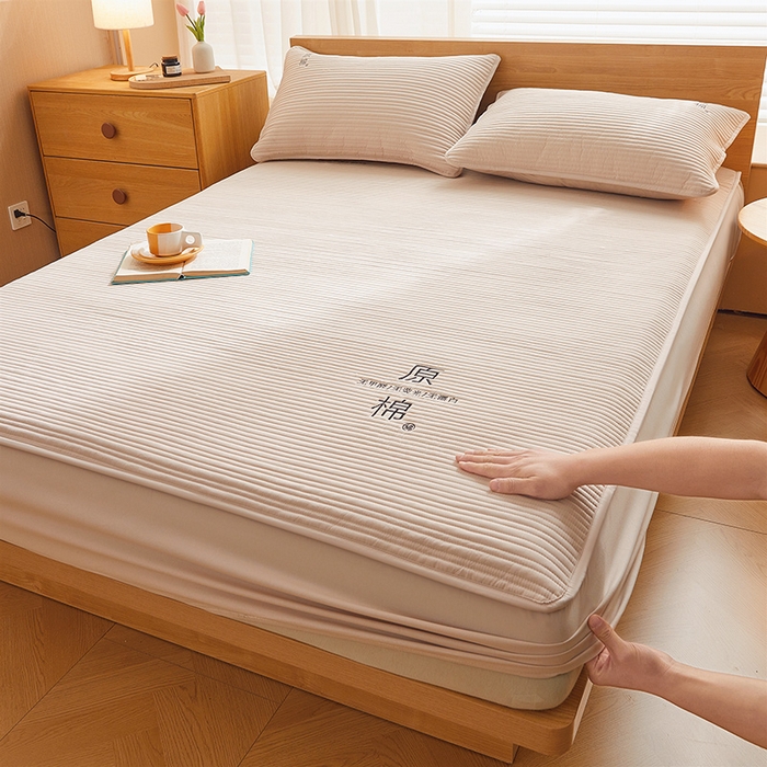 91家纺网 家纺一手货源 找家纺 （总）喜居 2024新款原棉大豆夹棉床笠三件套纯色床笠床垫保护套