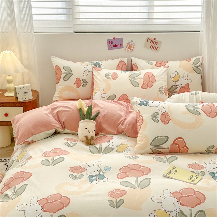 91家纺网 家纺一手货源 找家纺 古吉梦 2024新款水洗棉小清新印花四件套 水洗棉-花花兔