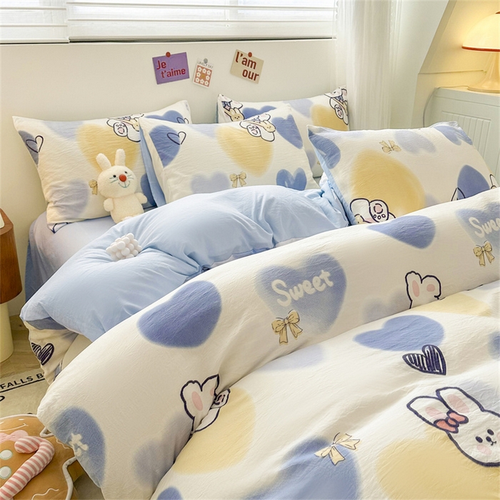 91家纺网 家纺一手货源 找家纺 古吉梦 2024新款水洗棉小清新印花四件套 水洗棉-爱心熊