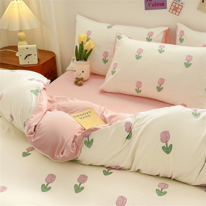 91家纺网 家纺一手货源 找家纺 古吉梦 2024新款水洗棉小清新印花四件套 水洗棉-粉郁盛开