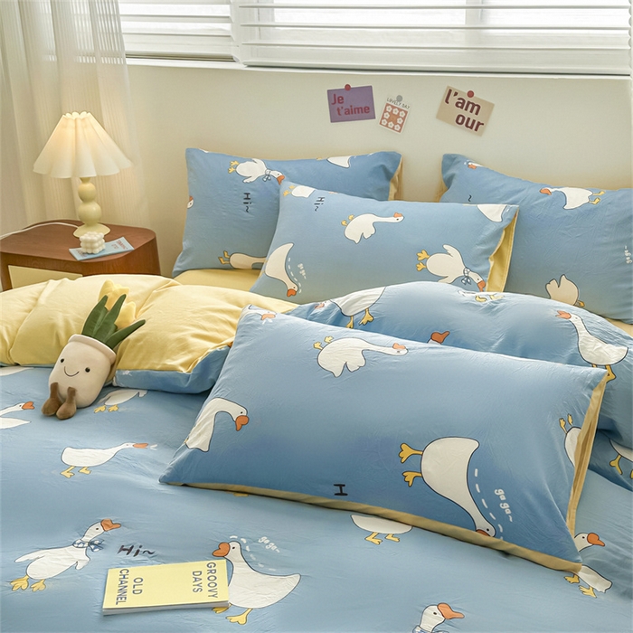 91家纺网 家纺一手货源 找家纺 古吉梦 2024新款水洗棉小清新印花四件套 水洗棉-开心鹅