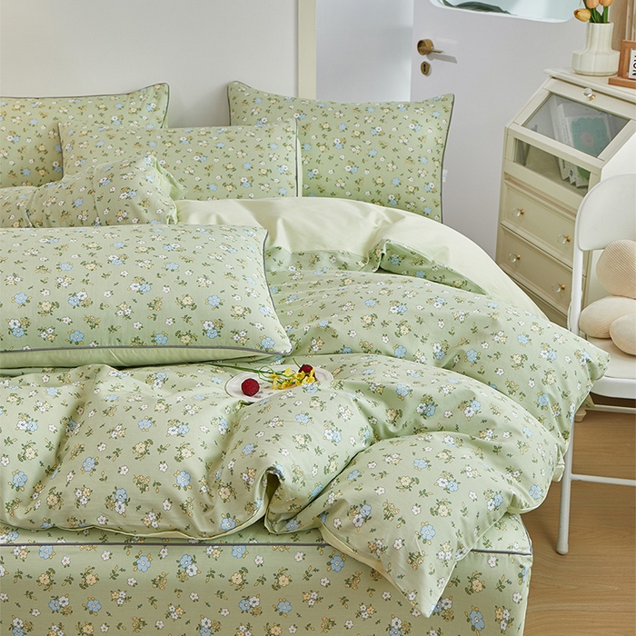 91家纺网 家纺一手货源 找家纺 元元被业 2024新款小清新隐藏式全棉夹棉四件套床笠款 韩式清新-绿