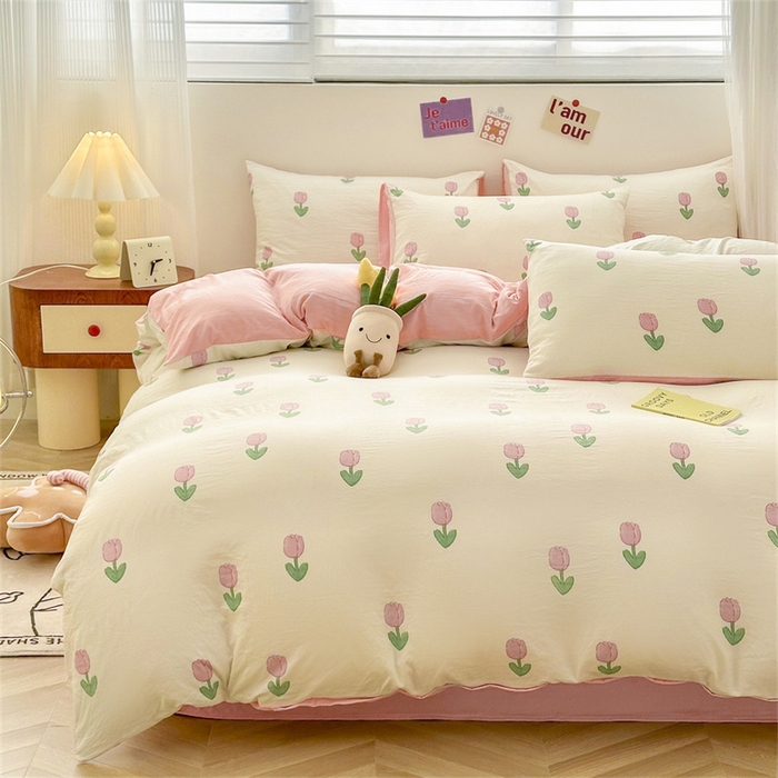 91家纺网 家纺一手货源 找家纺 古吉梦 2024新款水洗棉小清新印花四件套 水洗棉-粉郁盛开