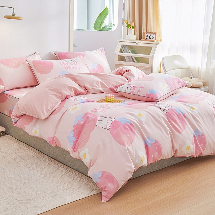 91家纺网 家纺一手货源 找家纺 元元被业 2024新款小清新隐藏式全棉夹棉四件套床笠款 哈尼-粉